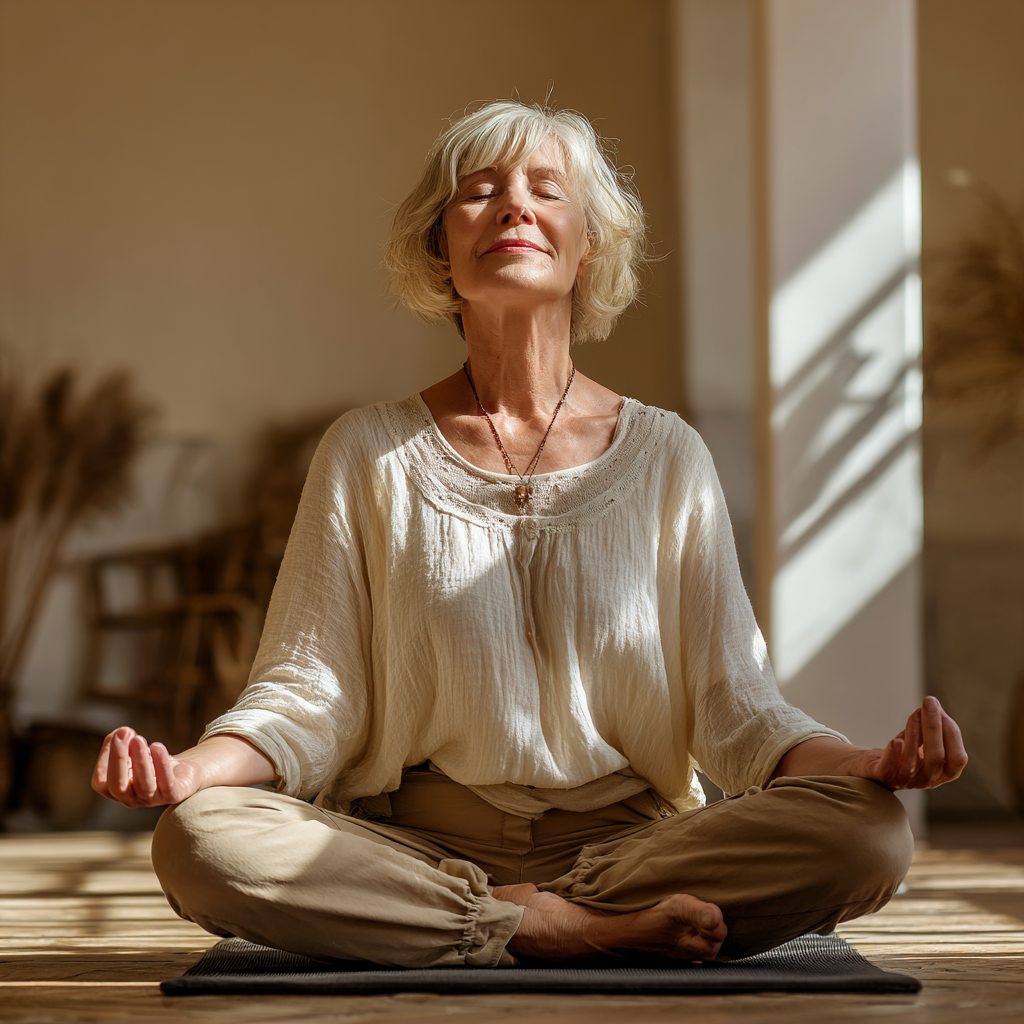Smiling elderly European woman practicing gentle yoga poses in a peaceful studio setting
