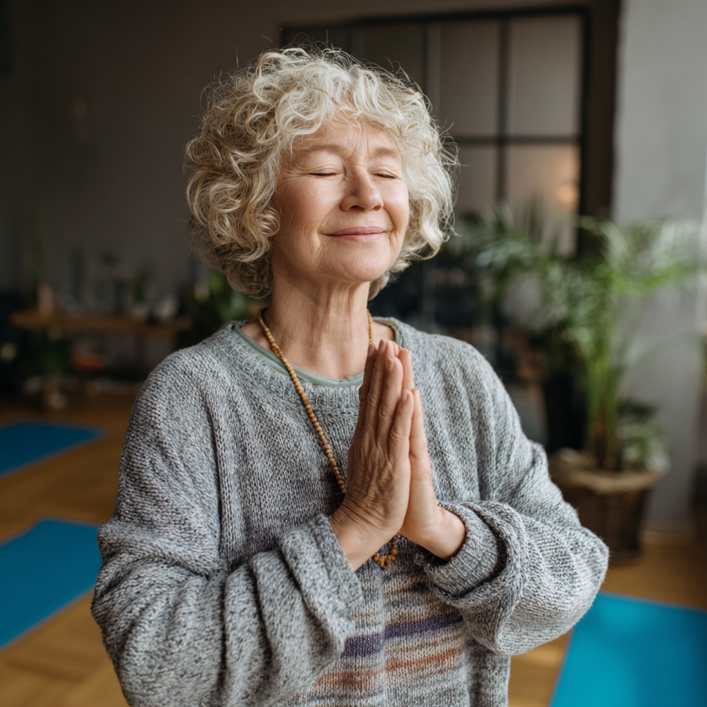Elderly European man demonstrating balance poses with focused expression in natural outdoor yoga setting