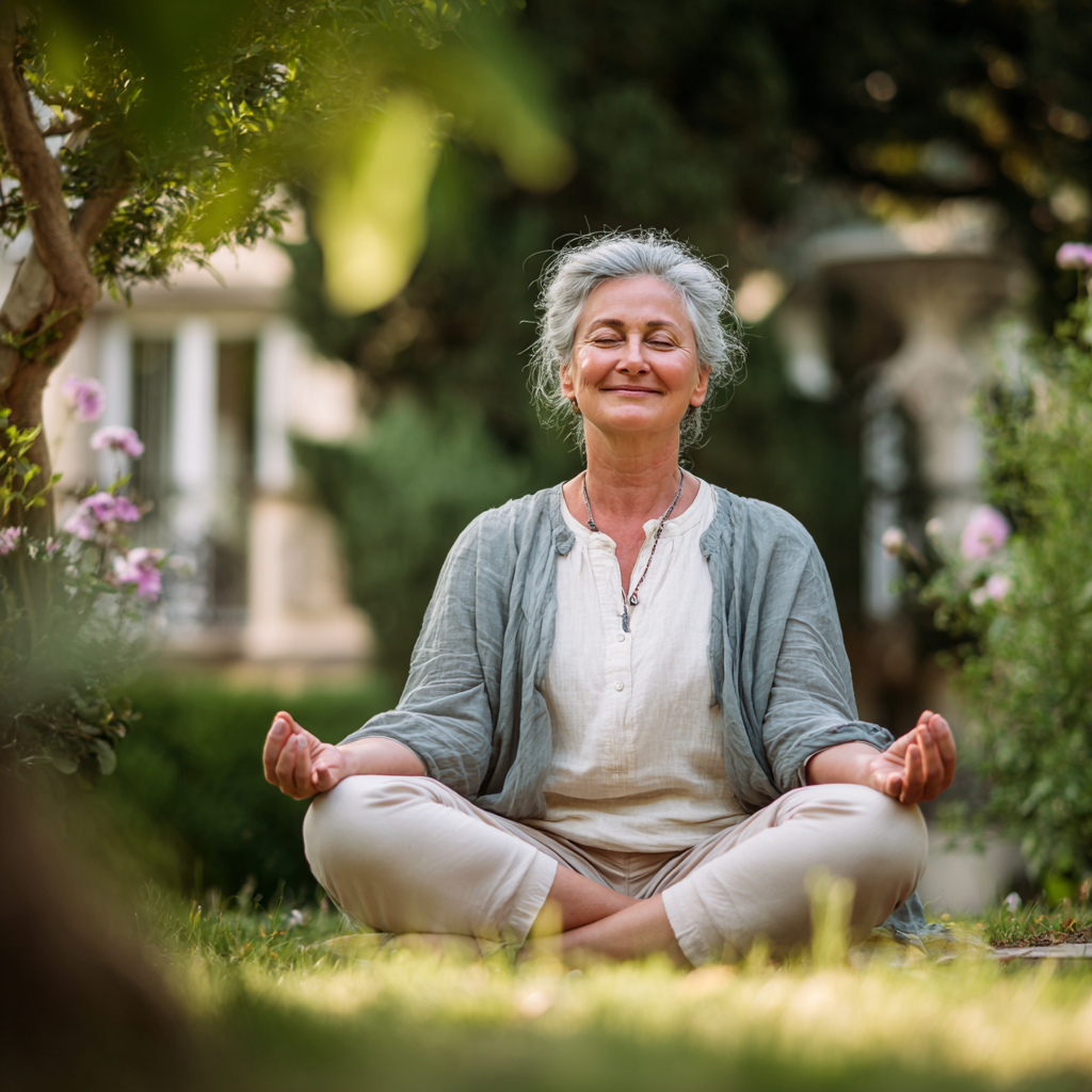 Group of smiling elderly European people practicing preventive yoga exercises in bright, airy studio